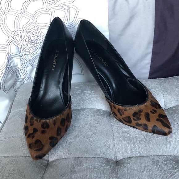 Le Chateau Black Leather Animal Print Pony Hair High Heel Size 6 - Picture 3 of 12